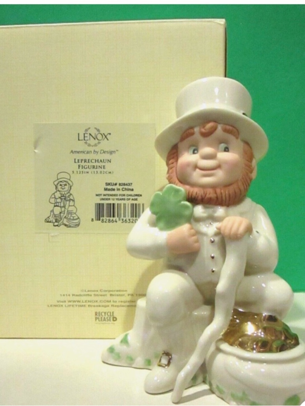 Lenox White Ceramic Leprechaun Figurine with Green Shamrock and Gold Accents